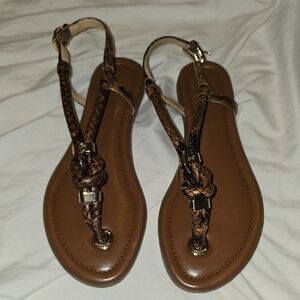 Michael Kors Brown Knotted Leather  Holly Sandals Embosded Logo 6.5 36.5 Womens